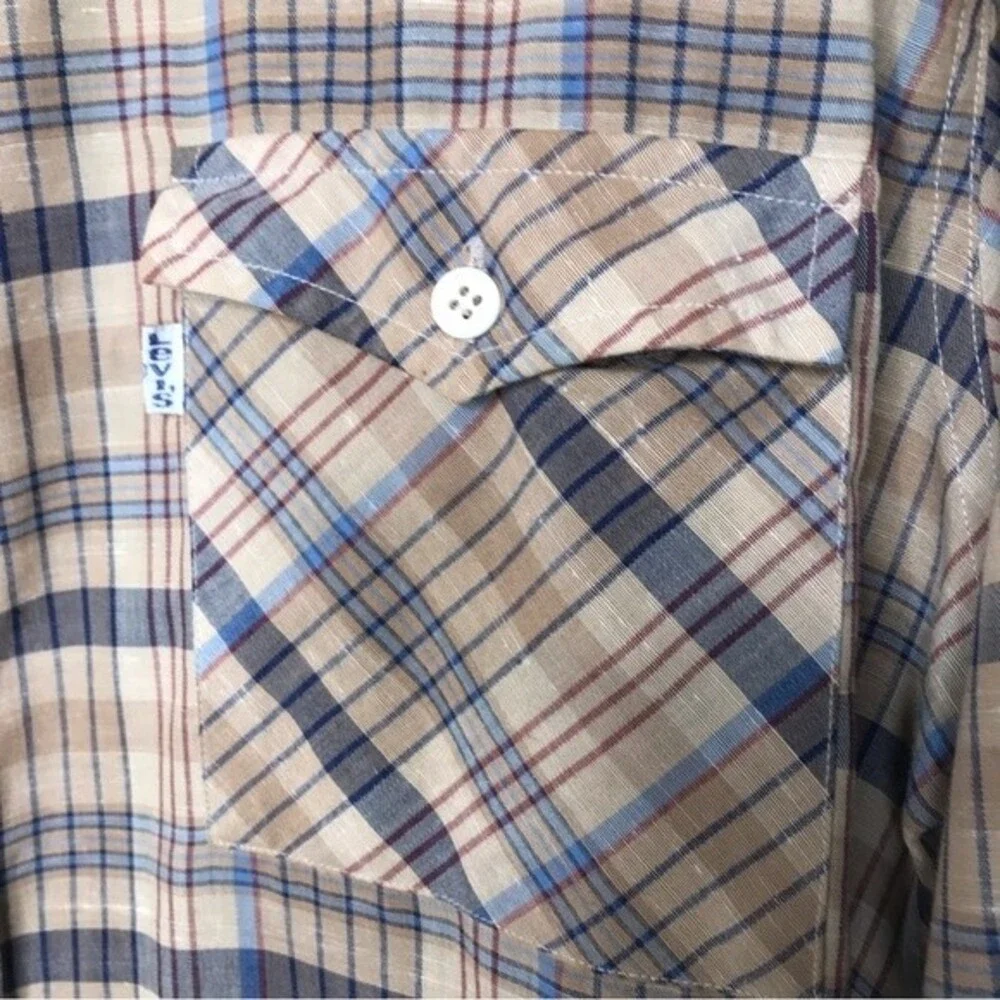 Vintage 1970s Levis Big E Tan Brown Plaid Button Front Long Sleeve Mens Large